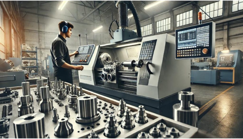 CNC draaier aan het werk met computergestuurde draaibank in industriële werkplaats